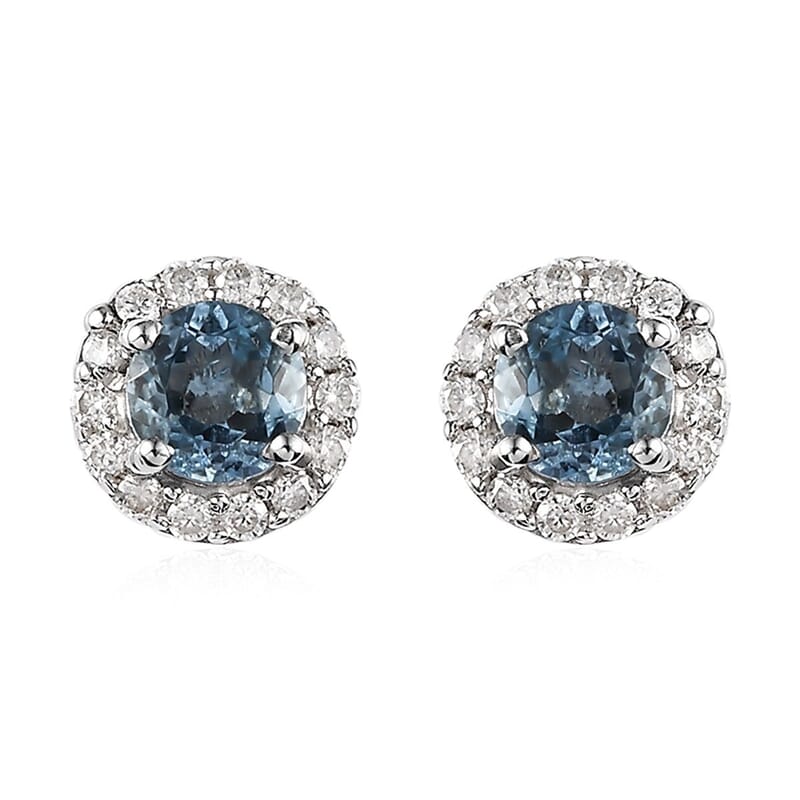 Santa Maria Aquamarine and Moissanite Halo Stud Earrings in Platinum Over Sterling Silver 0.80 ctw