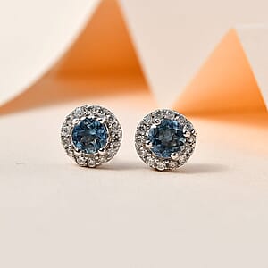 Santa Maria Aquamarine and Moissanite Halo Stud Earrings in Platinum Over Sterling Silver 0.80 ctw