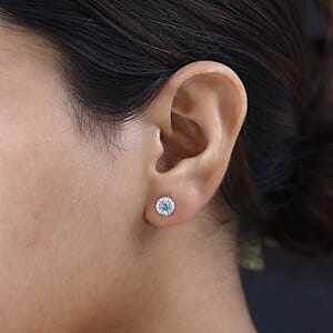 Santa Maria Aquamarine and Moissanite Halo Stud Earrings in Platinum Over Sterling Silver 0.80 ctw