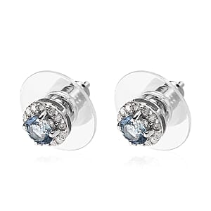Santa Maria Aquamarine and Moissanite Halo Stud Earrings in Platinum Over Sterling Silver 0.80 ctw