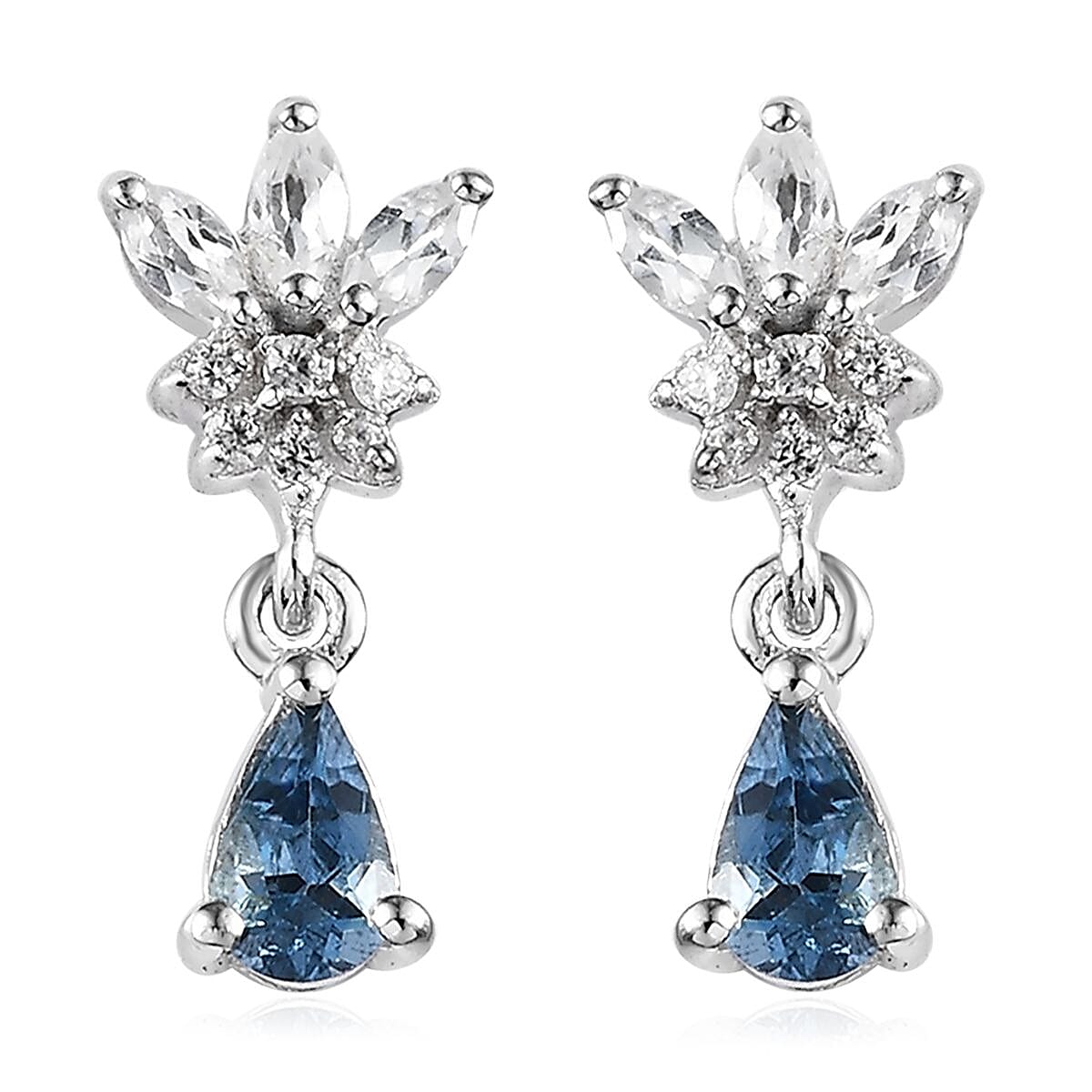 Santa Maria Aquamarine and White Zircon Dangle Earrings in Platinum Over Sterling Silver 0.75 ctw