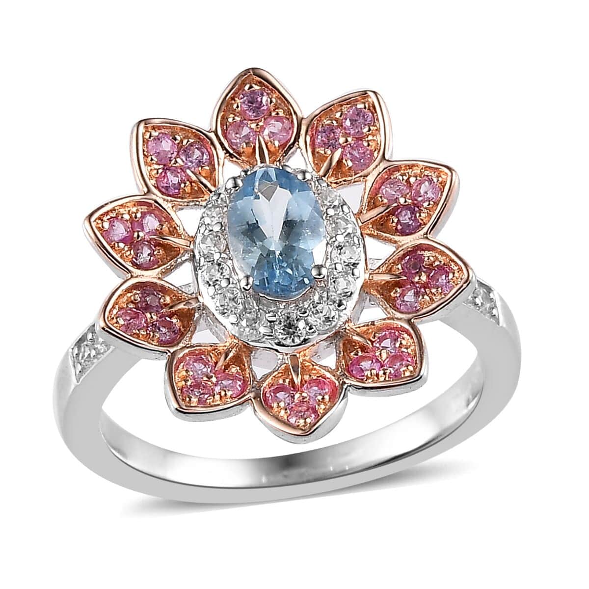 Santa Maria Aquamarine and Multi Gemstone Floral Ring in Platinum Over Sterling Silver (Size 10.0) 1.00 ctw image number 0