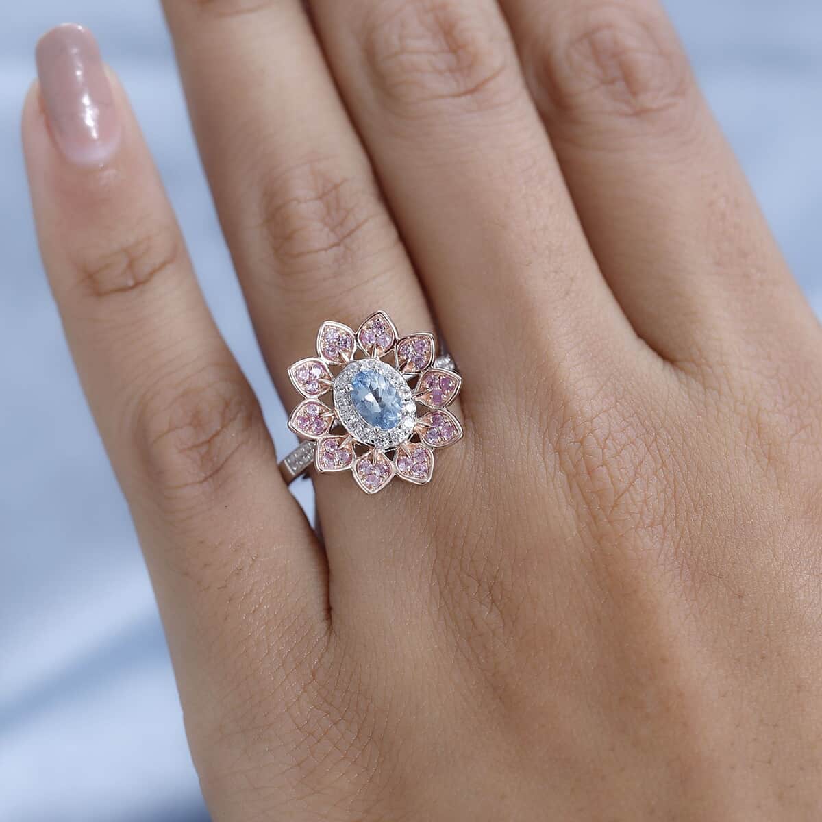 Santa Maria Aquamarine and Multi Gemstone Floral Ring in Platinum Over Sterling Silver (Size 10.0) 1.00 ctw image number 2