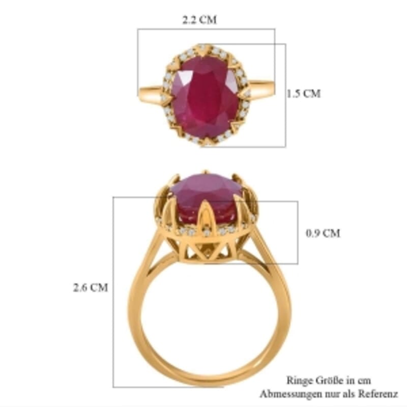 African Ruby and White Zircon7.36 ctw Ring in Vermeil Yellow Gold Over Sterling Silver (Size 10)