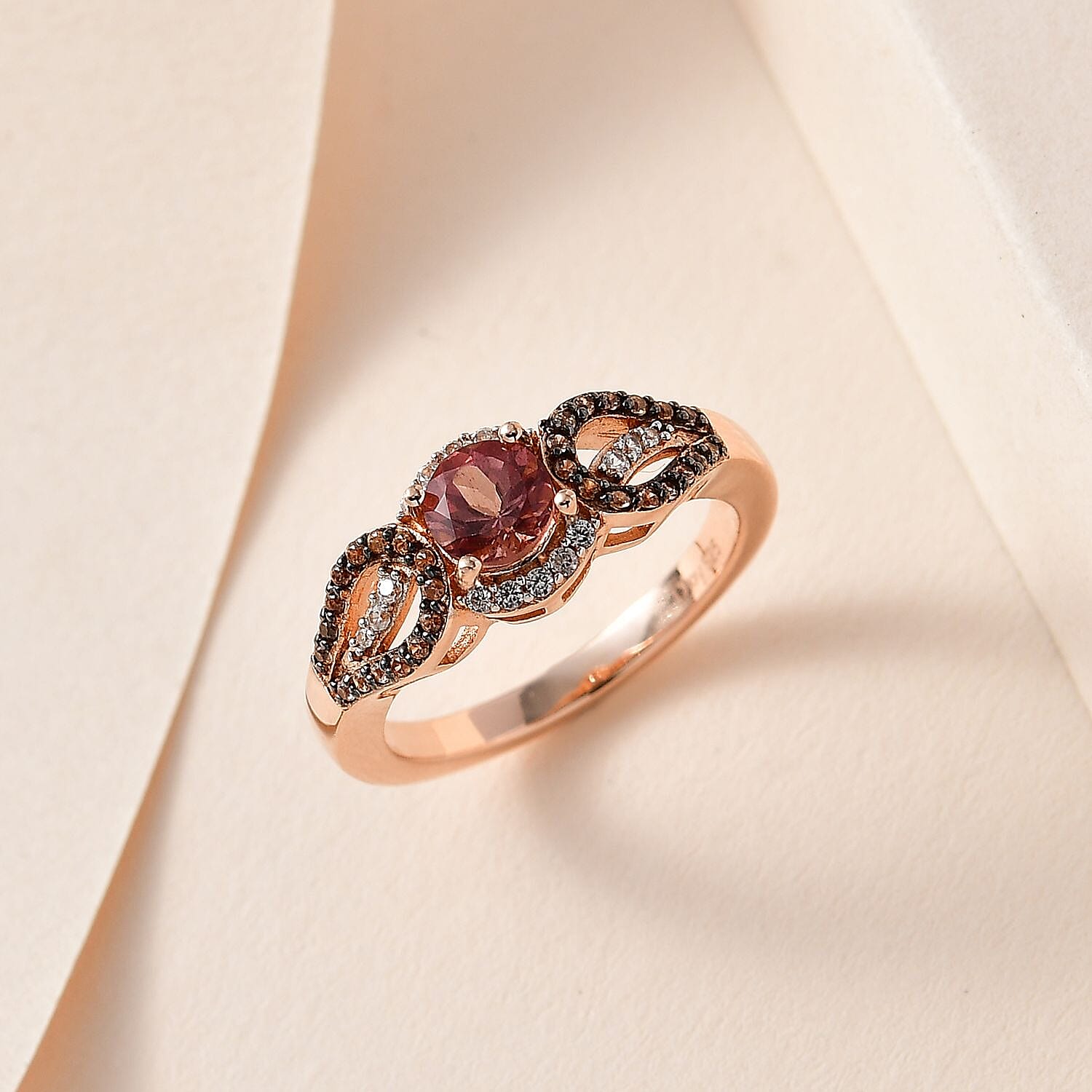 Blush Apatite, White and Champagne Zircon Ring in Vermeil Rose Gold Over Sterling Silver (Size 10.0) 1.00 ctw