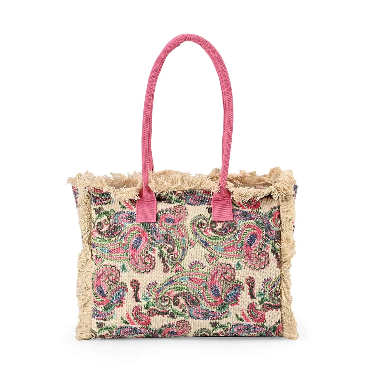 Beige and Pink Flower Pattern Tote Bag (14.6"x11.7"x5.5") with Handle Drop (9.5") image number 0