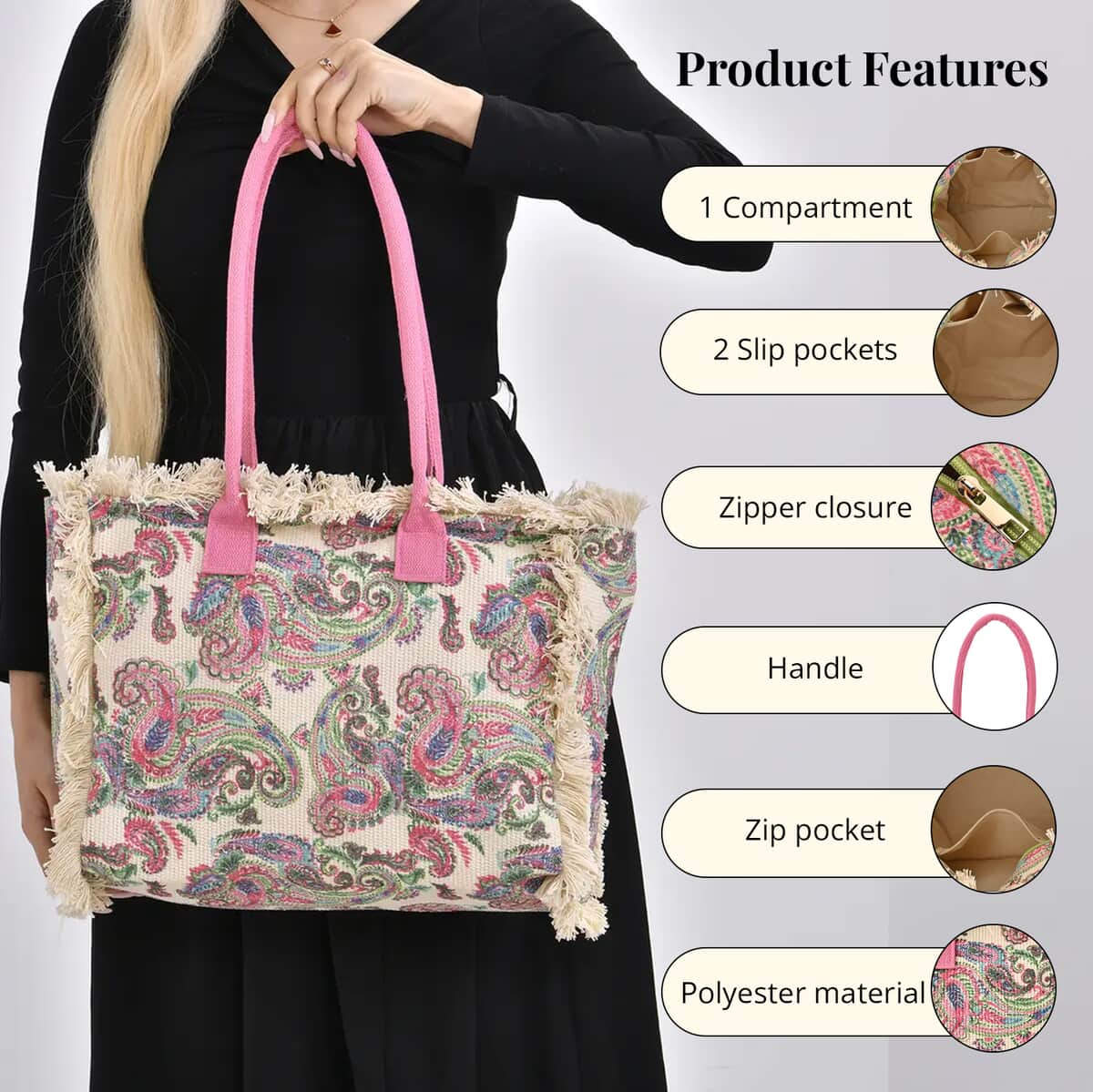 Beige and Pink Flower Pattern Tote Bag (14.6"x11.7"x5.5") with Handle Drop (9.5") image number 1