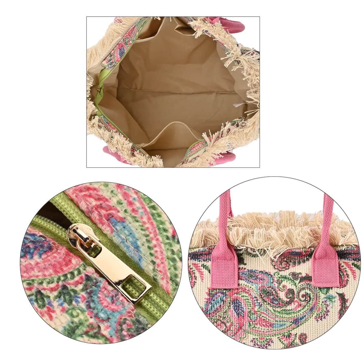 Beige and Pink Flower Pattern Tote Bag (14.6"x11.7"x5.5") with Handle Drop (9.5") image number 5