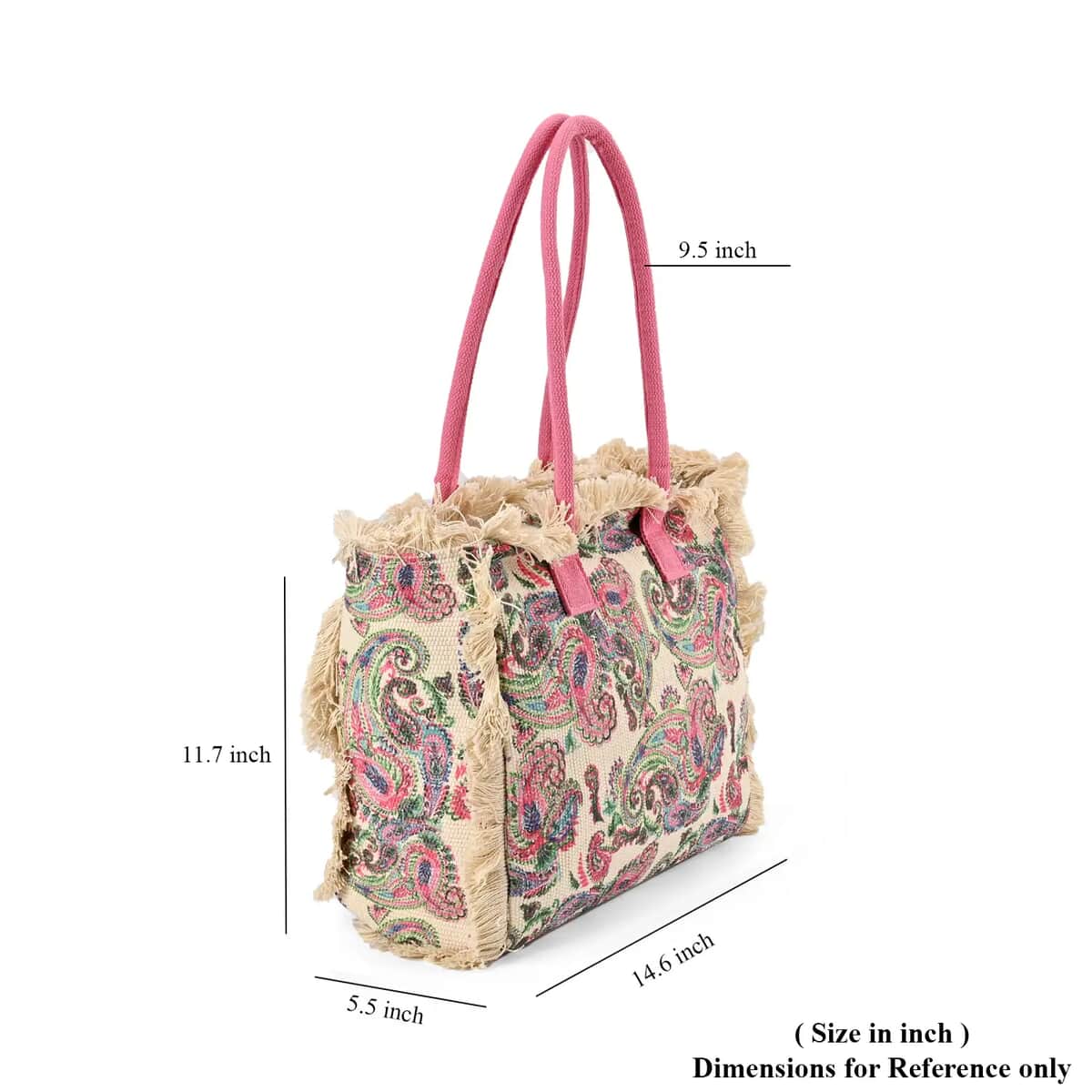 Beige and Pink Flower Pattern Tote Bag (14.6"x11.7"x5.5") with Handle Drop (9.5") image number 6