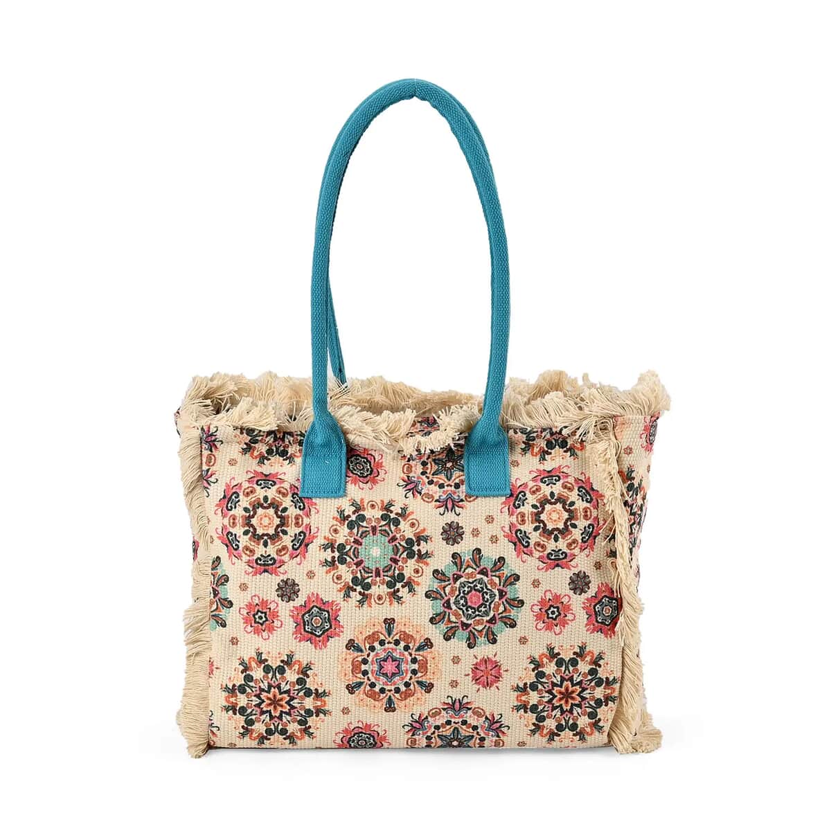 Beige and Teal Flower Pattern Hand Washable Tote Bag For Ladies with Handle Drop (14.6x11.7x5.5) image number 0