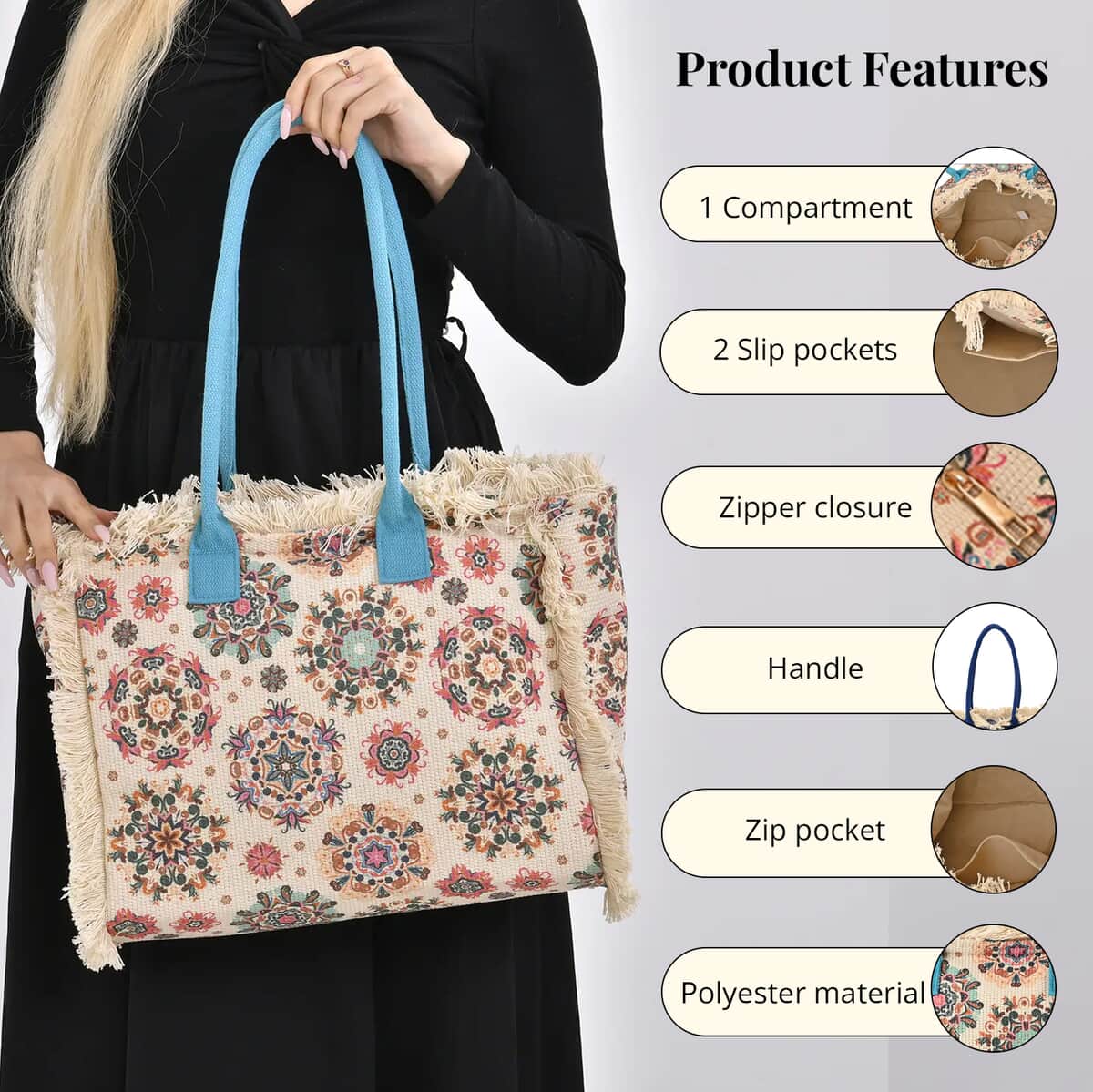 Beige and Teal Flower Pattern Hand Washable Tote Bag For Ladies with Handle Drop (14.6x11.7x5.5) image number 1