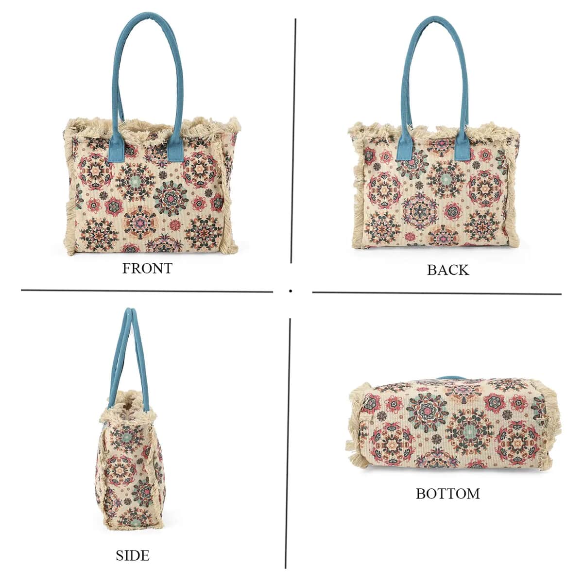 Beige and Teal Flower Pattern Hand Washable Tote Bag For Ladies with Handle Drop (14.6x11.7x5.5) image number 4