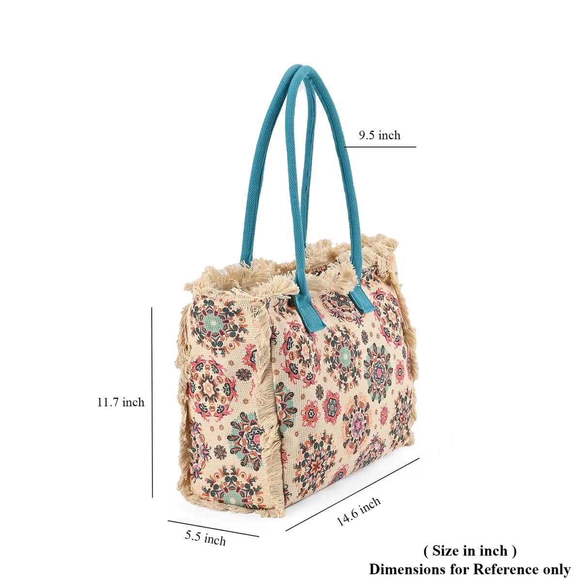 Beige and Teal Flower Pattern Hand Washable Tote Bag For Ladies with Handle Drop (14.6x11.7x5.5) image number 6