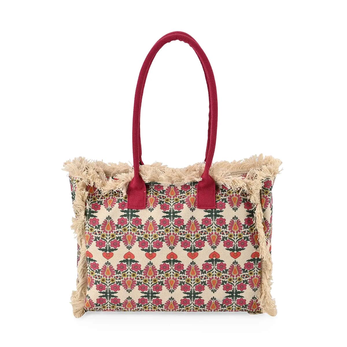 Beige and Red Flower Pattern Hand Washable Tote Bag For Ladies with Handle Drop (14.6x11.7x5.5) image number 0