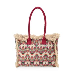 Beige and Red Flower Pattern Hand Washable Tote Bag For Ladies with Handle Drop (14.6x11.7x5.5)