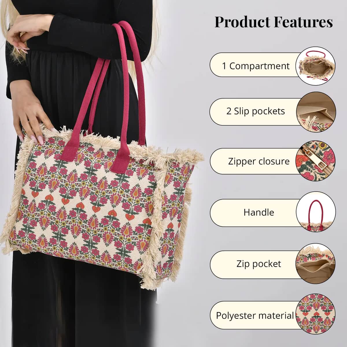 Beige and Red Flower Pattern Hand Washable Tote Bag For Ladies with Handle Drop (14.6x11.7x5.5) image number 1