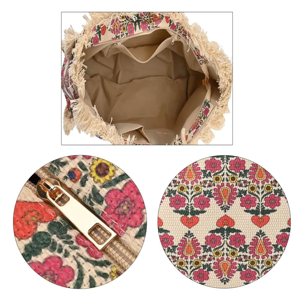 Beige and Red Flower Pattern Hand Washable Tote Bag For Ladies with Handle Drop (14.6x11.7x5.5) image number 5