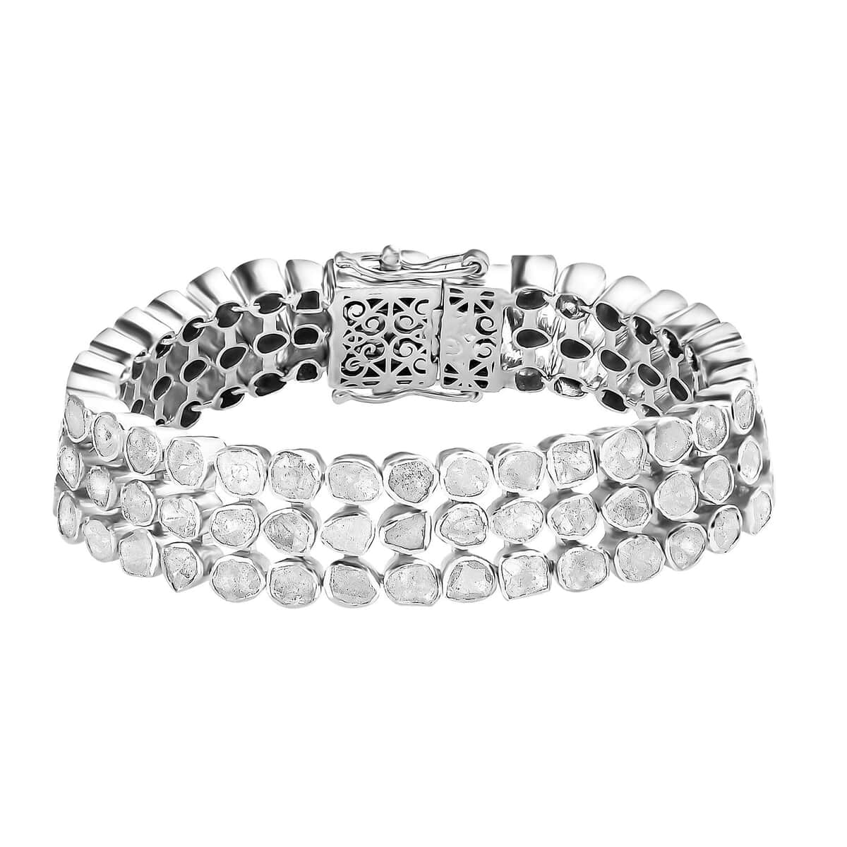 Polki Diamond 3 Row Tennis Bracelet in Platinum Over Sterling Silver (6.50 In) 7.00 ctw image number 0