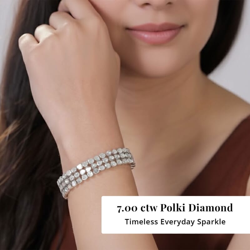 Polki Diamond 7.00 ctw 3 Row Bracelet in Platinum Over Sterling Silver (6.50 In)