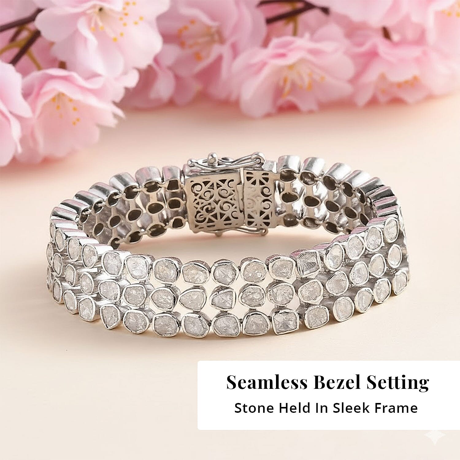 Polki Diamond 7.00 ctw 3 Row Bracelet in Platinum Over Sterling Silver (6.50 In)