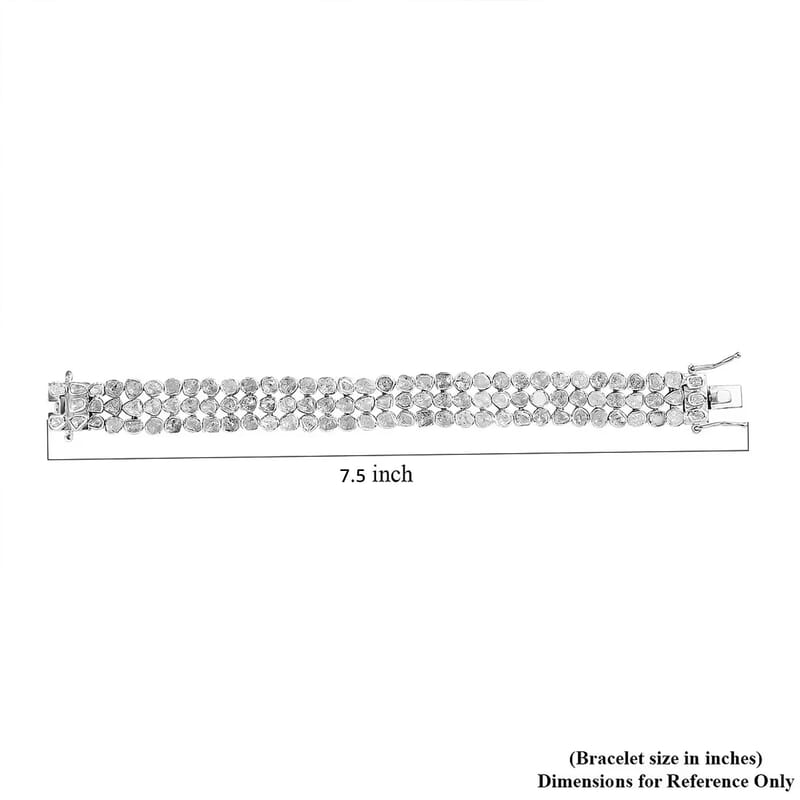 Polki Diamond 7.00 ctw 3 Row Bracelet in Platinum Over Sterling Silver (6.50 In)
