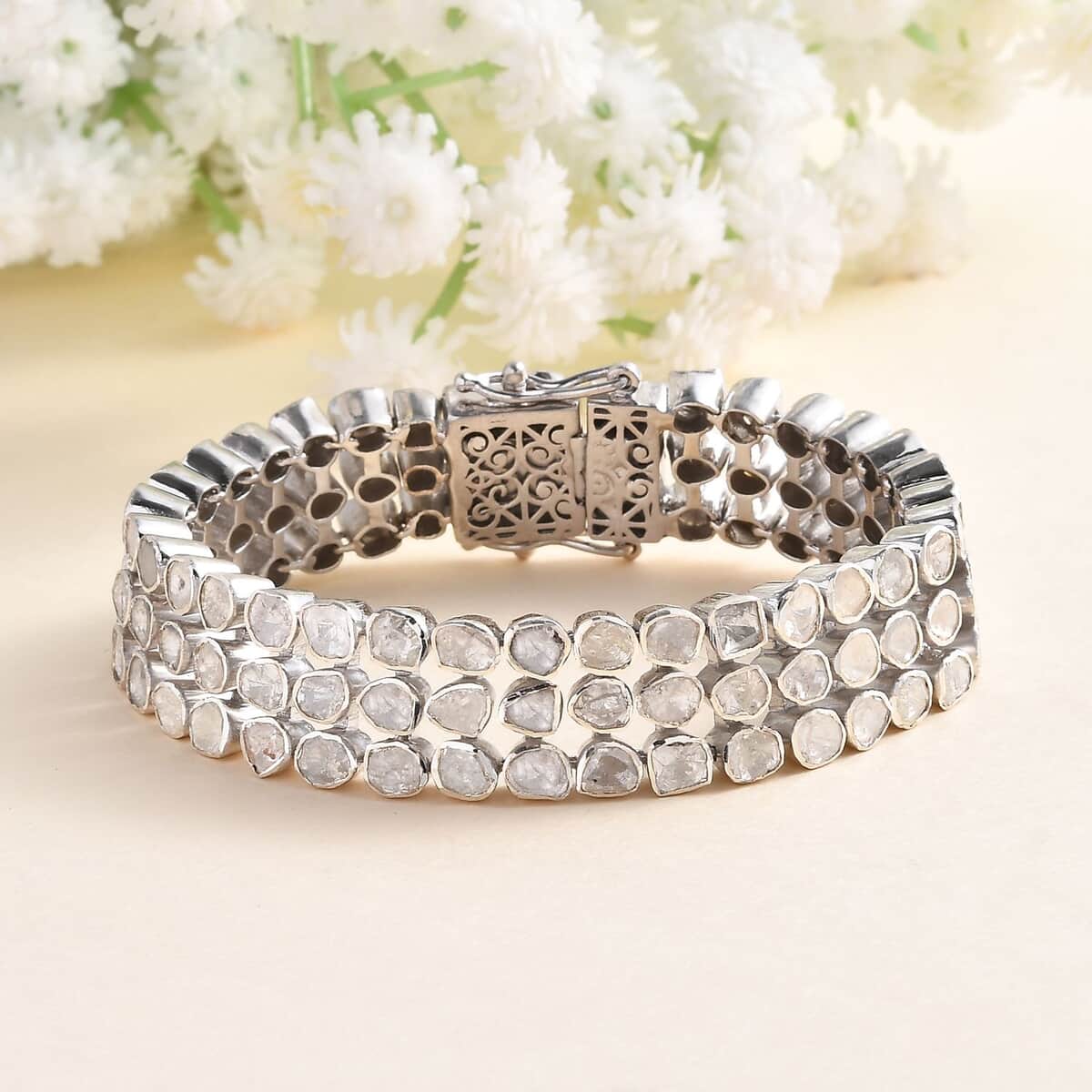 Polki Diamond 3 Row Bracelet in Platinum Over Sterling Silver (7.25 In) 7.00 ctw image number 1