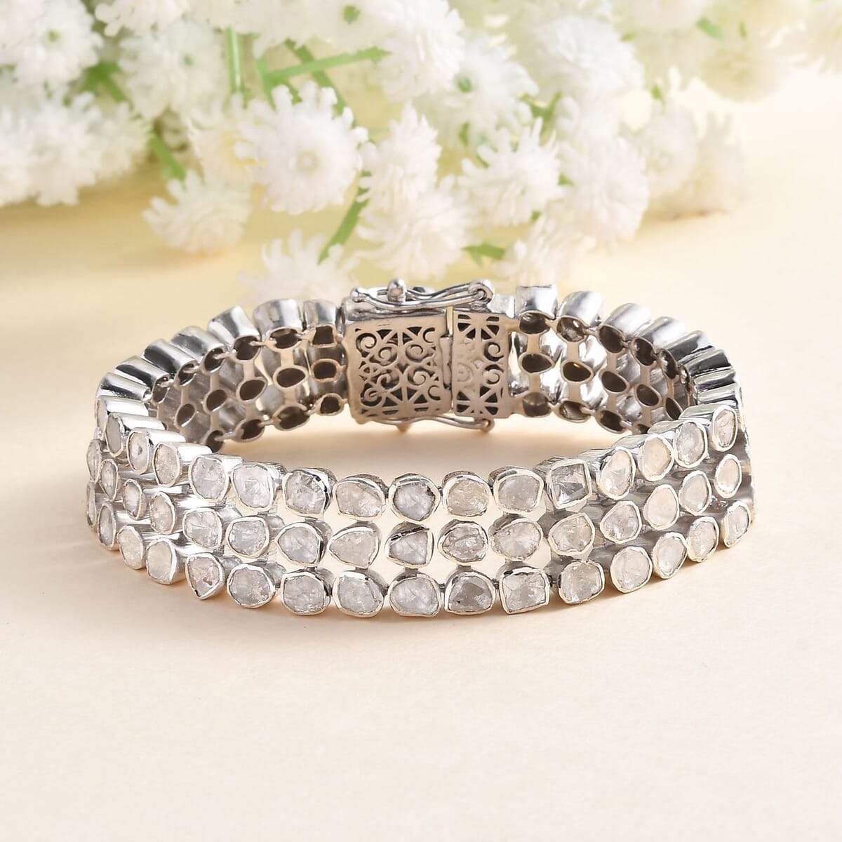 Polki Diamond 7.00 ctw 3 Row Bracelet in Platinum Over Sterling Silver (8.00 In) image number 1