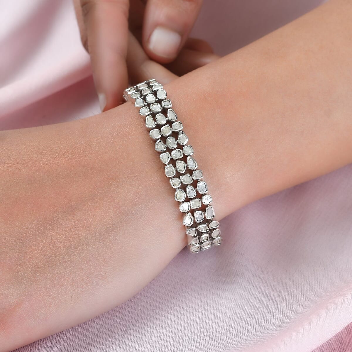 Polki Diamond 7.00 ctw 3 Row Bracelet in Platinum Over Sterling Silver (8.00 In) image number 2
