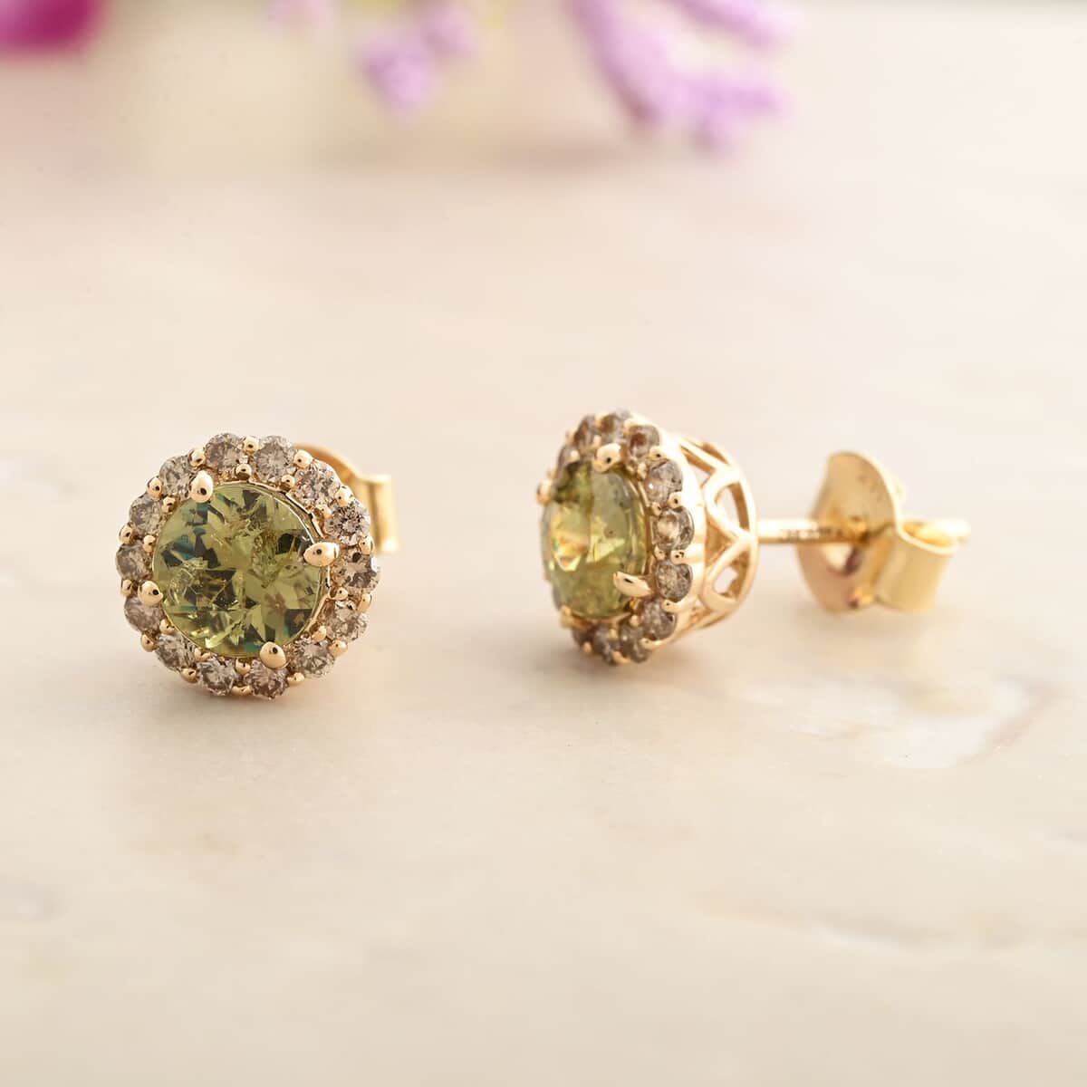 Luxoro 14K Yellow Gold AAA Ambanja Demantoid Garnet and I2 Diamond Earrings 2.10 ctw image number 1