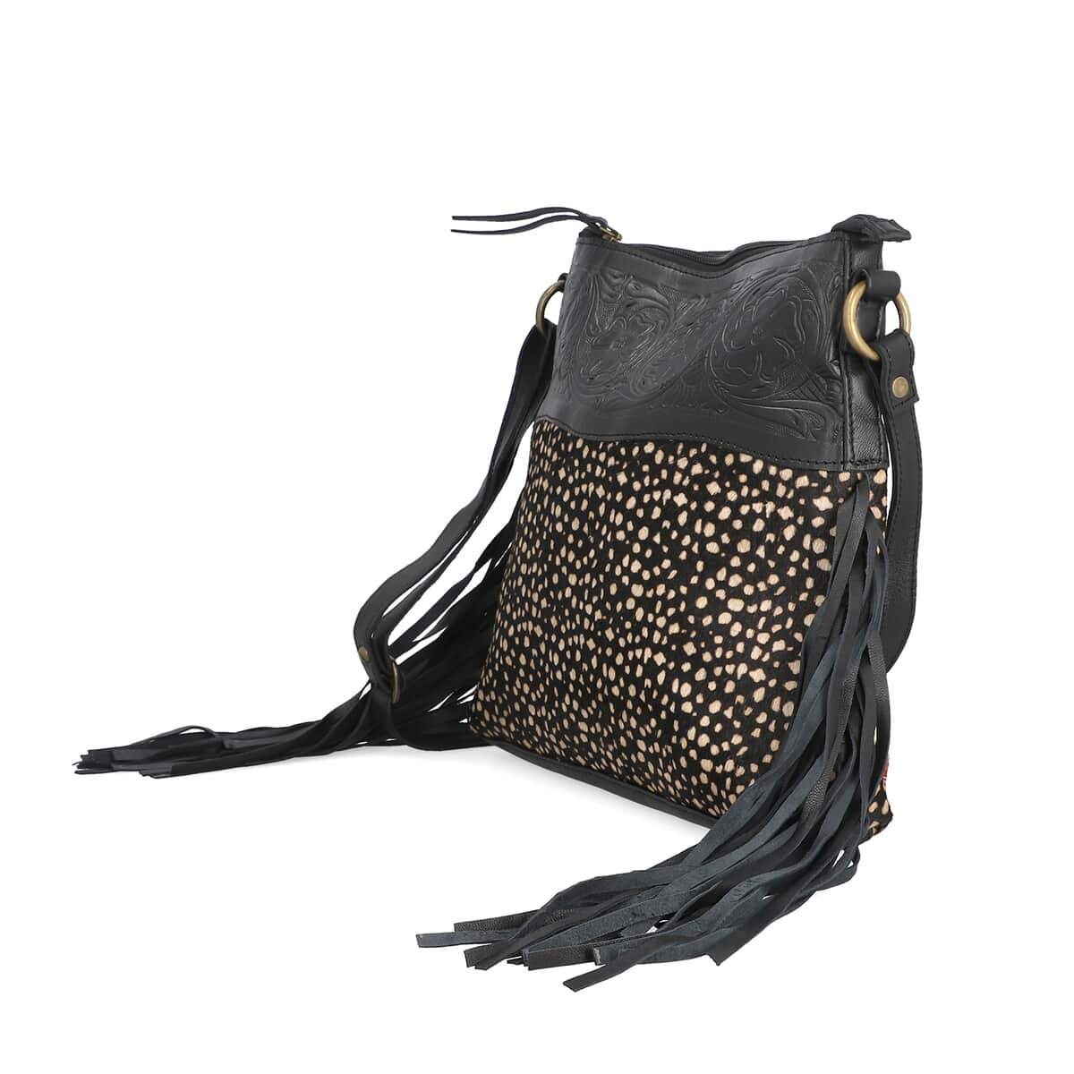 Black and White Genuine Leather Hair on Shoulder Bag with Fringes (11"x2"x11") image number 2