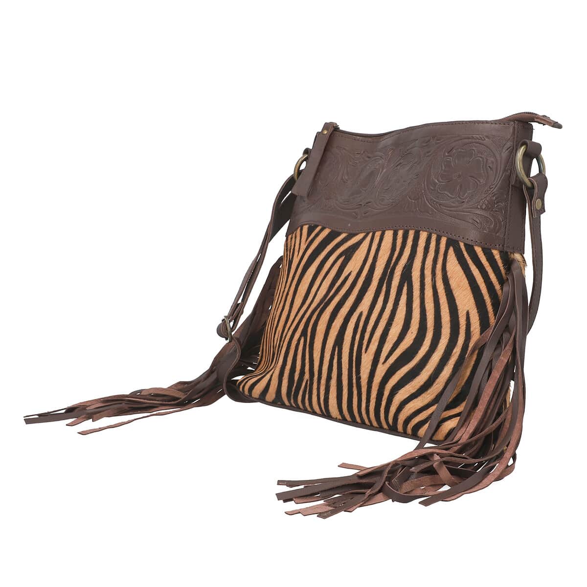 Chocolate and Black Genuine Leather Hair on Shoulder Bag with Fringes image number 2
