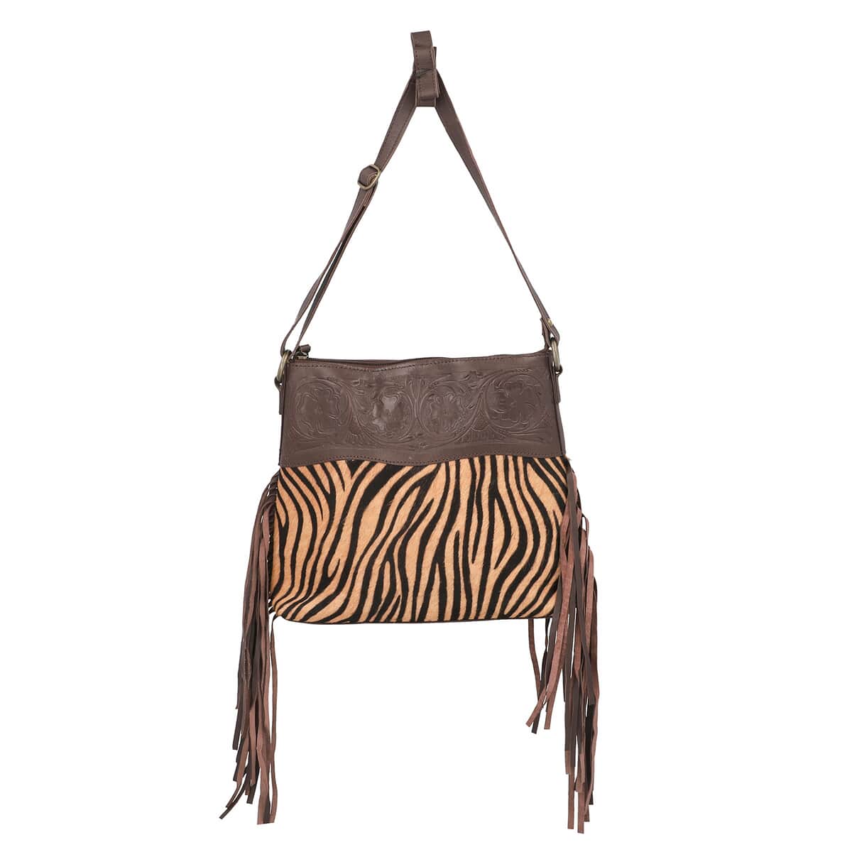 Chocolate and Black Genuine Leather Hair on Shoulder Bag with Fringes image number 3