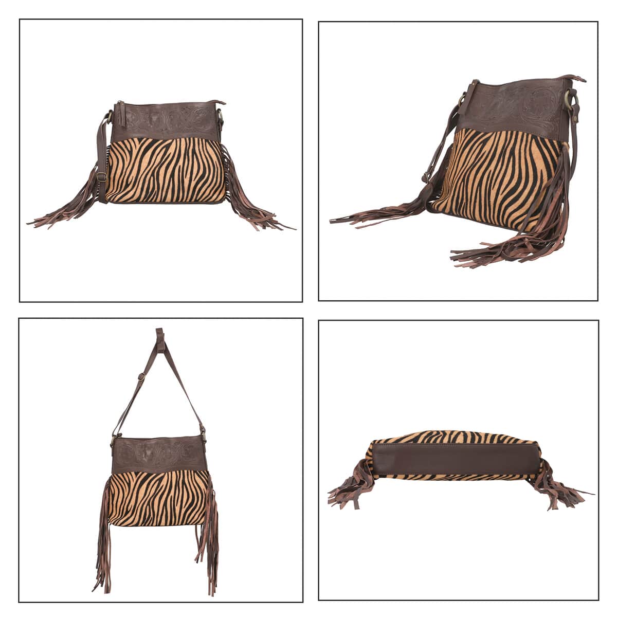 Chocolate and Black Genuine Leather Hair on Shoulder Bag with Fringes image number 4