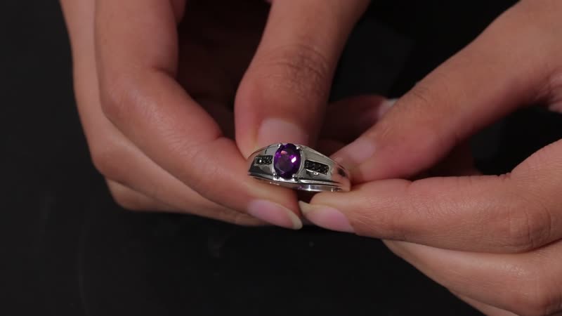 Amethyst and Thai Black Spinel Men's Ring in Platinum Over Sterling Silver 1.25 ctw
