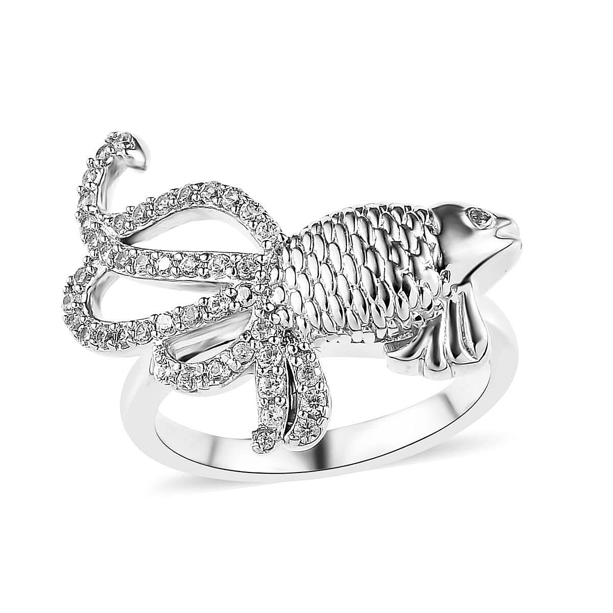 Blue Topaz and White Zircon Lucky Koi Fish Ring in Platinum Over Sterling Silver (Size 6.0) 0.50 ctw