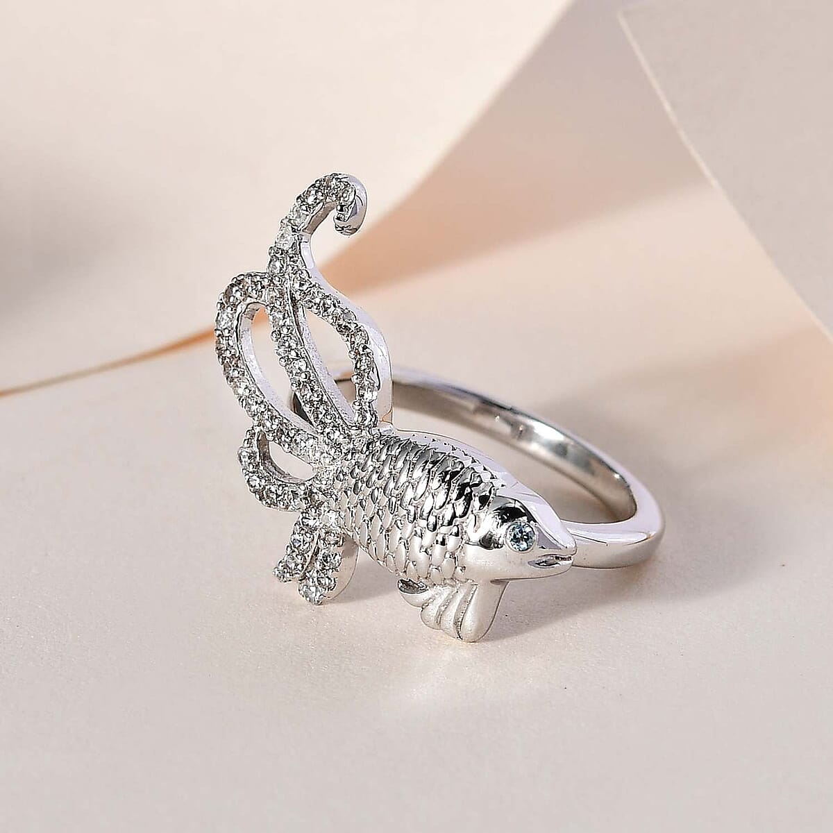 Blue Topaz and White Zircon Ring in Platinum Over Sterling Silver (Size 6.0) 0.50 ctw image number 1