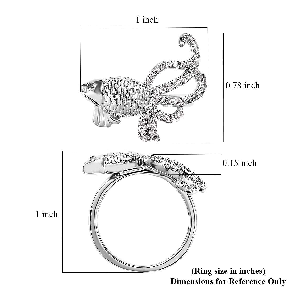 Blue Topaz and White Zircon Lucky Koi Fish Ring in Platinum Over Sterling Silver (Size 6.0) 0.50 ctw
