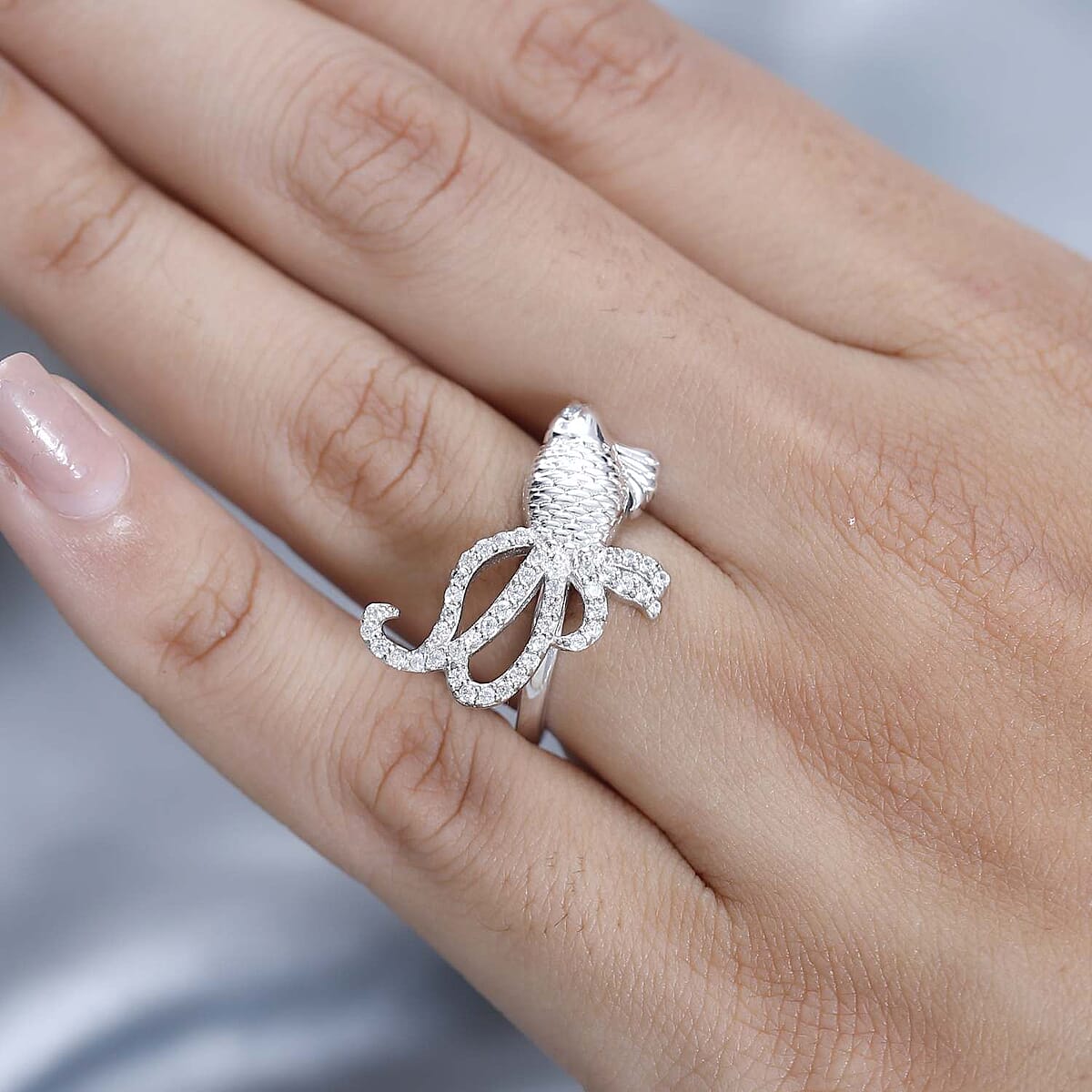 Blue Topaz and White Zircon Lucky Koi Fish Ring in Platinum Over Sterling Silver (Size 7.0) 0.50 ctw image number 2