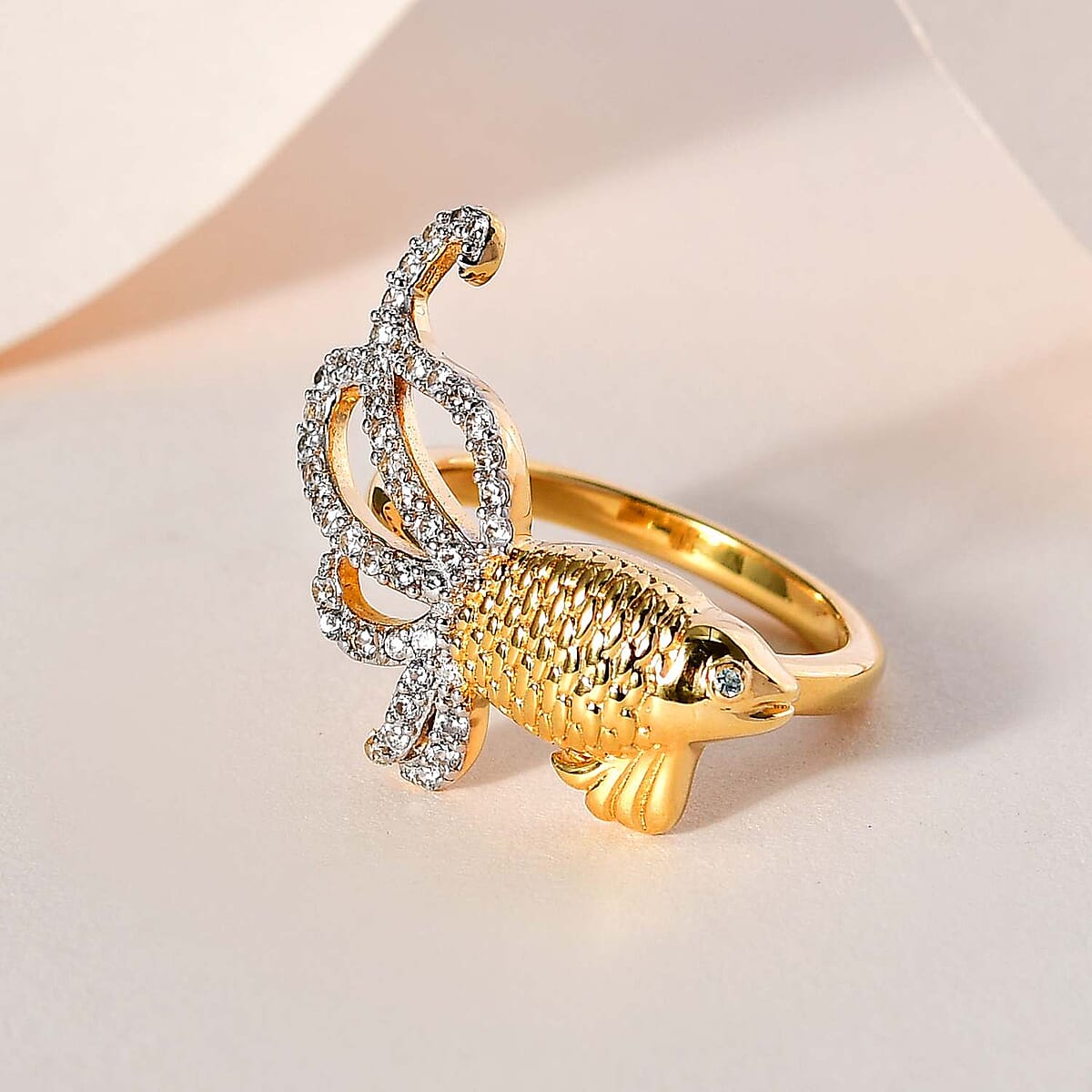 Blue Topaz and White Zircon Lucky Koi Fish Ring in Vermeil Yellow Gold Over Sterling Silver (Size 6.0) 0.50 ctw image number 1