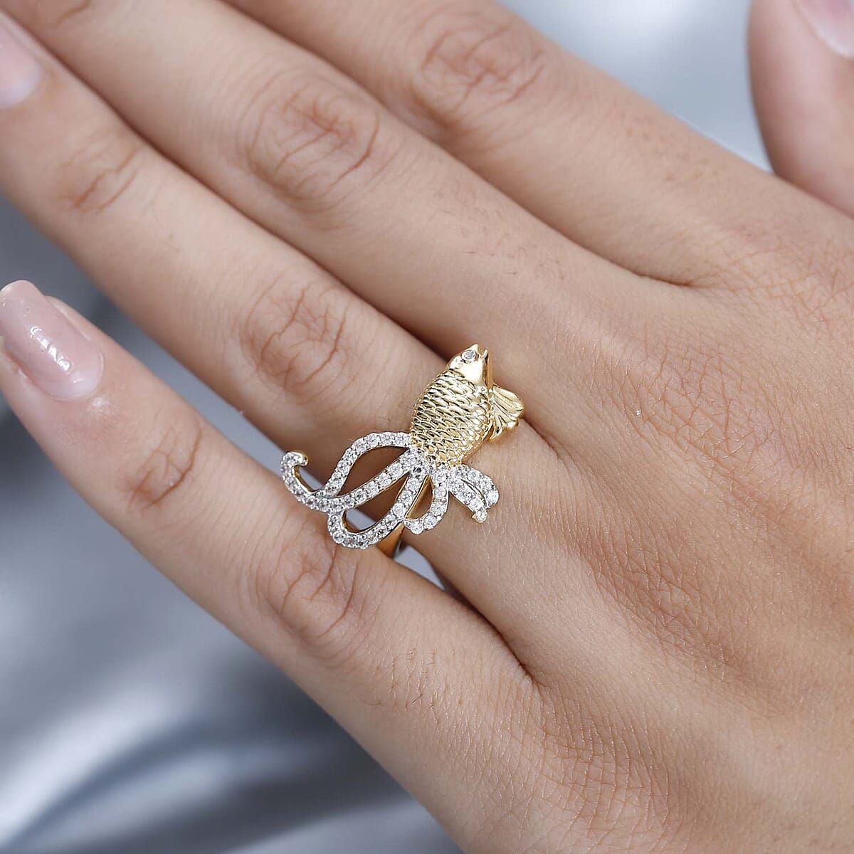 Blue Topaz and White Zircon Lucky Koi Fish Ring in Vermeil Yellow Gold Over Sterling Silver (Size 6.0) 0.50 ctw image number 2