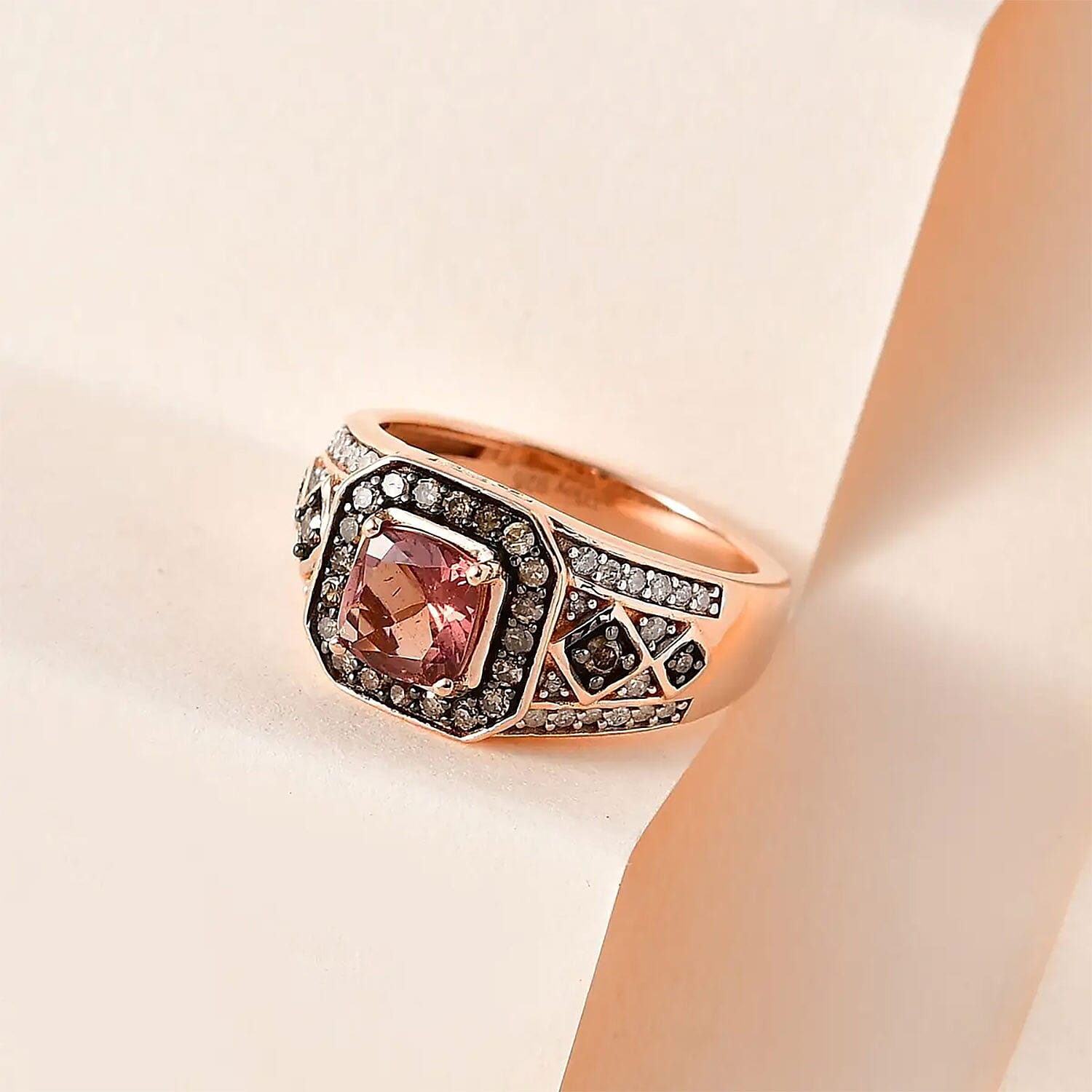 Blush Apatite, Natural Champagne and White Diamond Ring in Vermeil Rose Gold Over Sterling Silver (Size 10.0) 1.50 ctw