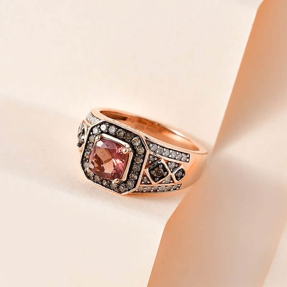 Blush Apatite, Natural Champagne and White Diamond Ring in Vermeil Rose Gold Over Sterling Silver (Size 10.0) 1.50 ctw image number 1