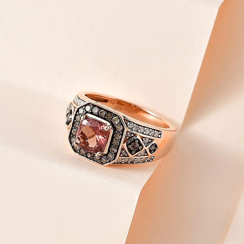 Blush Apatite, Natural Champagne and White Diamond Ring in Vermeil Rose Gold Over Sterling Silver (Size 10.0) 1.50 ctw