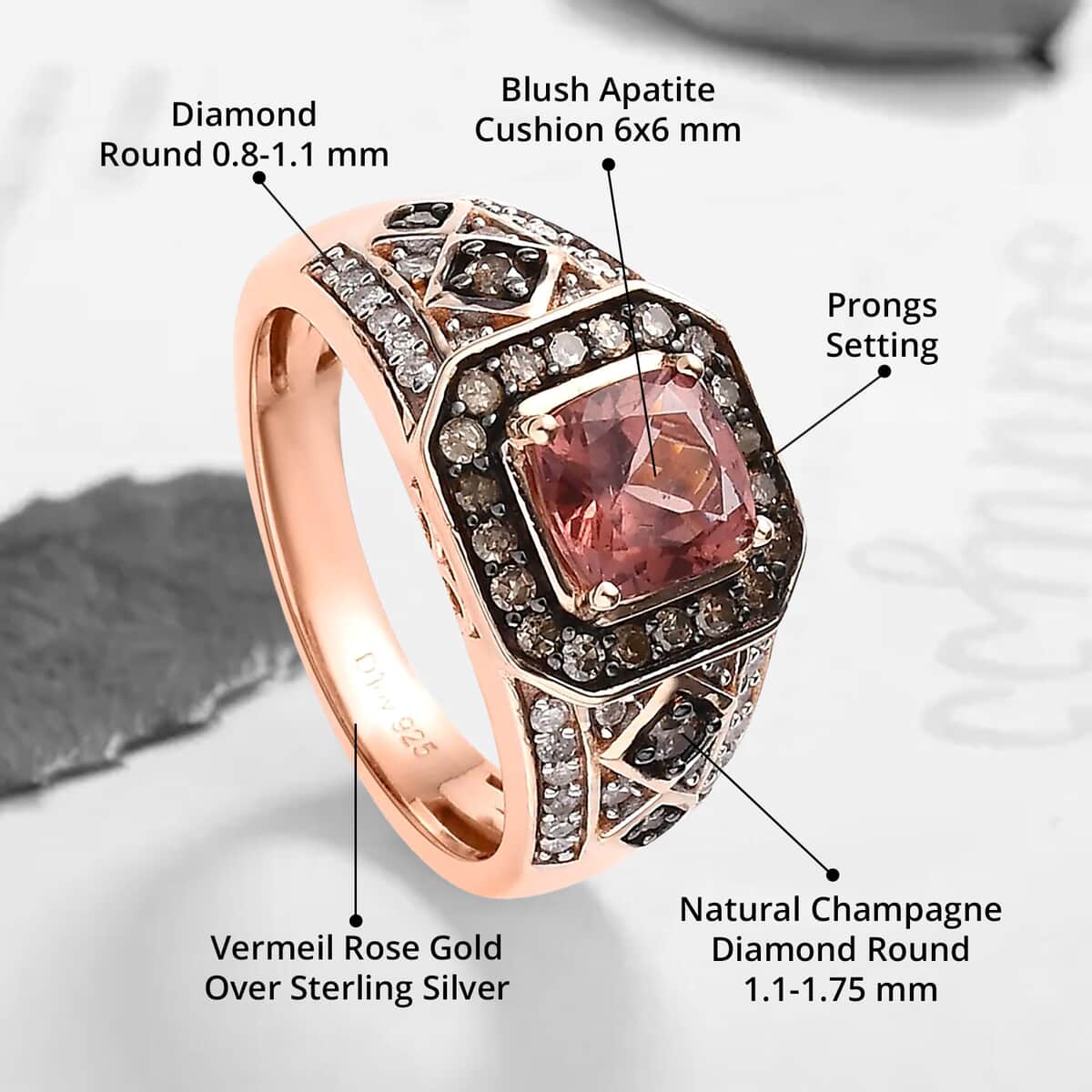 Blush Apatite, Natural Champagne and White Diamond Ring in Vermeil Rose Gold Over Sterling Silver (Size 10.0) 1.50 ctw image number 4