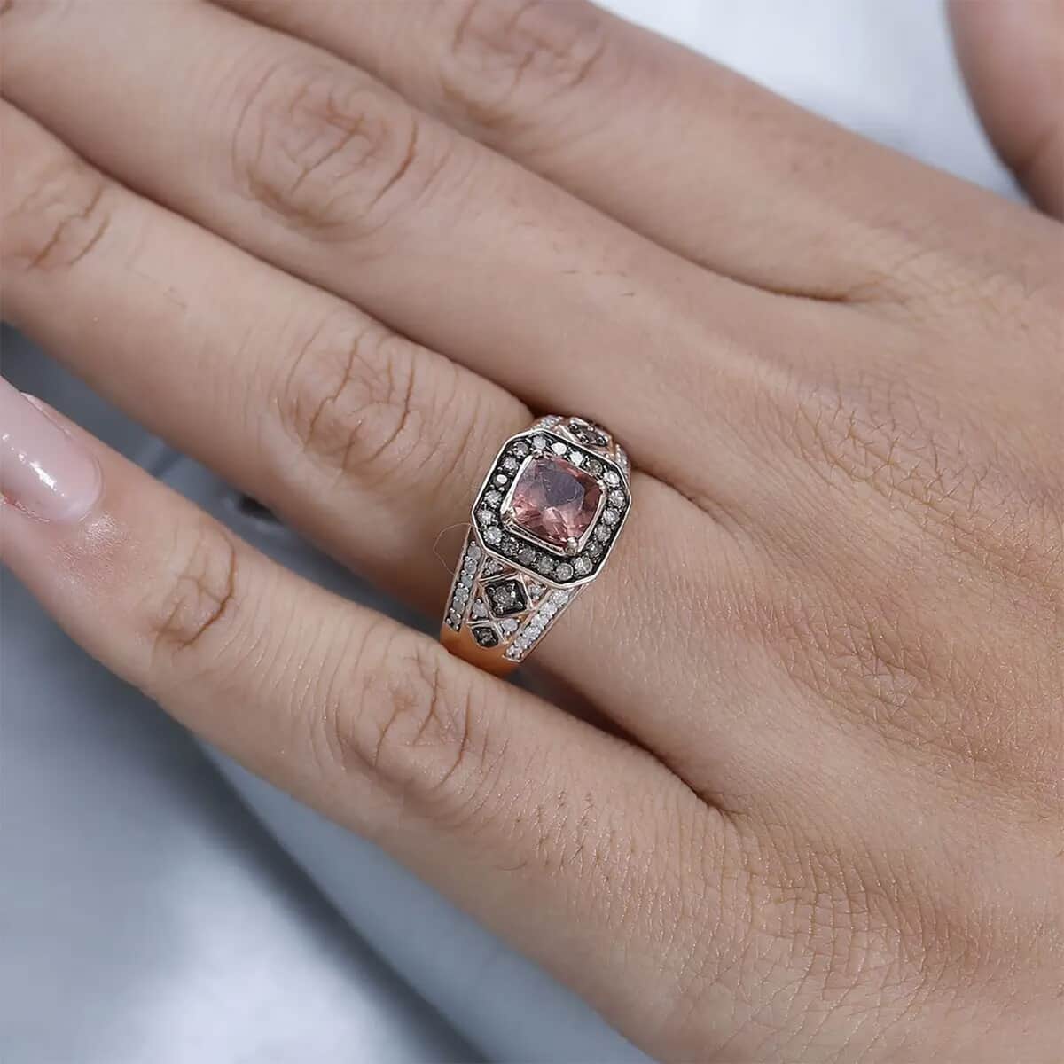 Blush Apatite, Natural Champagne and White Diamond Ring in Vermeil Rose Gold Over Sterling Silver (Size 10.0) 1.50 ctw image number 7