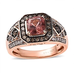 Blush Apatite, Natural Champagne and White Diamond Ring in Vermeil Rose Gold Over Sterling Silver (Size 6.0) 1.50 ctw