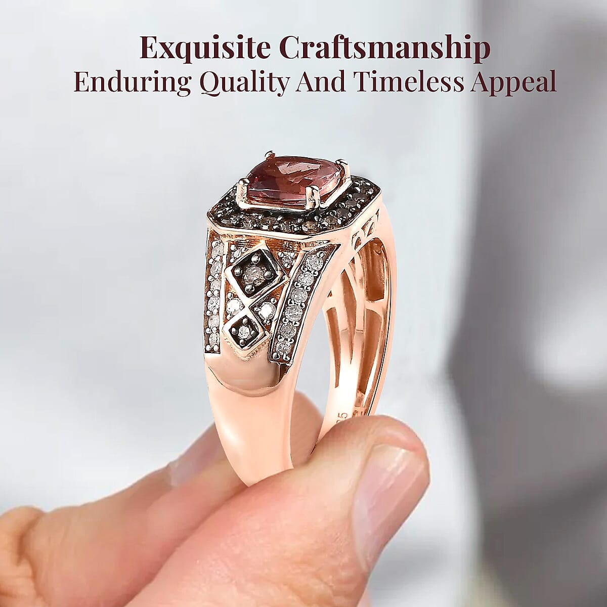 Blush Apatite, Natural Champagne and White Diamond Ring in Vermeil Rose Gold Over Sterling Silver (Size 6.0) 1.50 ctw image number 3