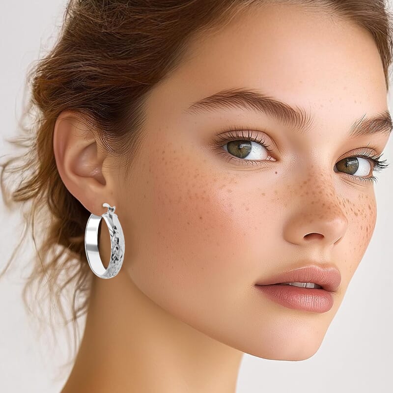 Rhodium Over Sterling Silver Diamond-Cut Hoop Earrings 4.10 Grams