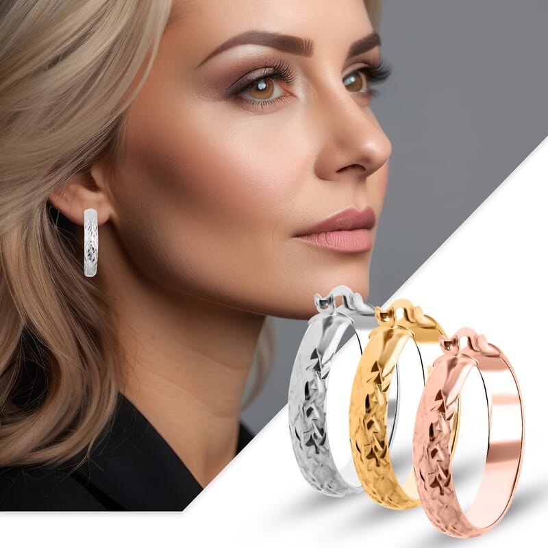 Rhodium Over Sterling Silver Diamond-Cut Hoop Earrings 4.10 Grams
