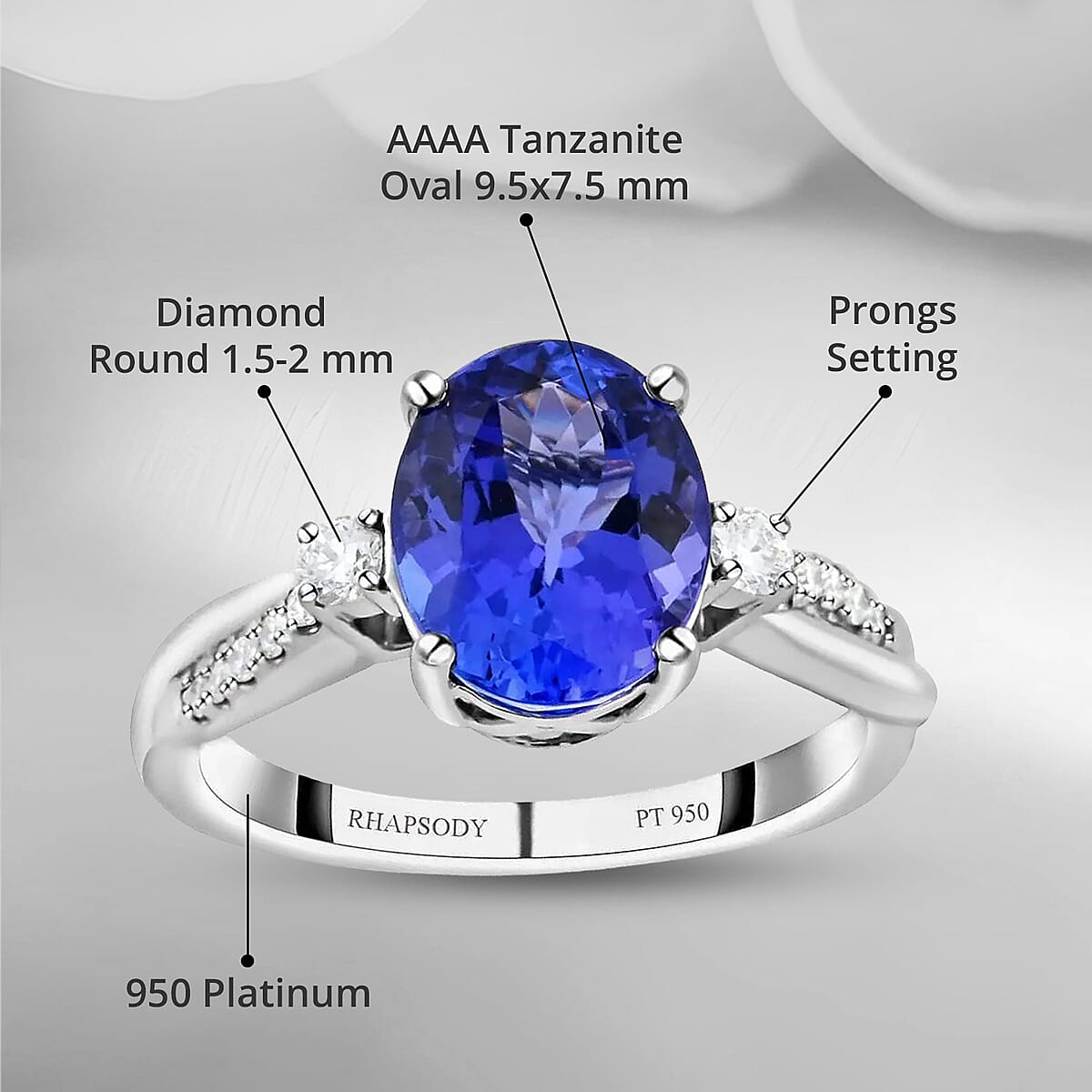 Certified and Appraised Rhapsody AAAA Tanzanite and E-F VS Diamond 2.35 ctw Ring in 950 Platinum (Size 10.5) 5.25 Grams image number 4